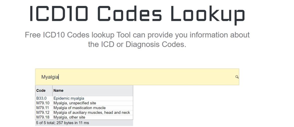 Myalgia icd10 codes list in icdlookup tool